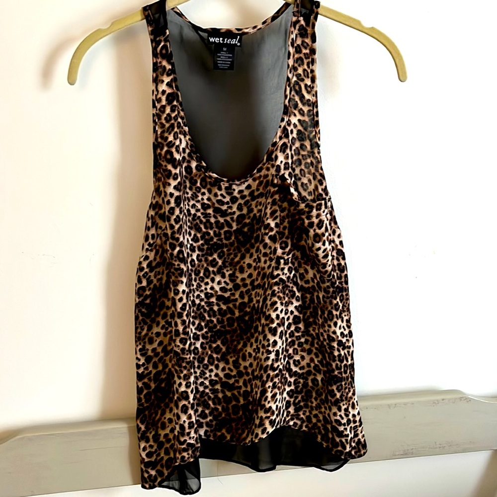 Wet Seal leopard print sleeveless tank top with black sheer back.